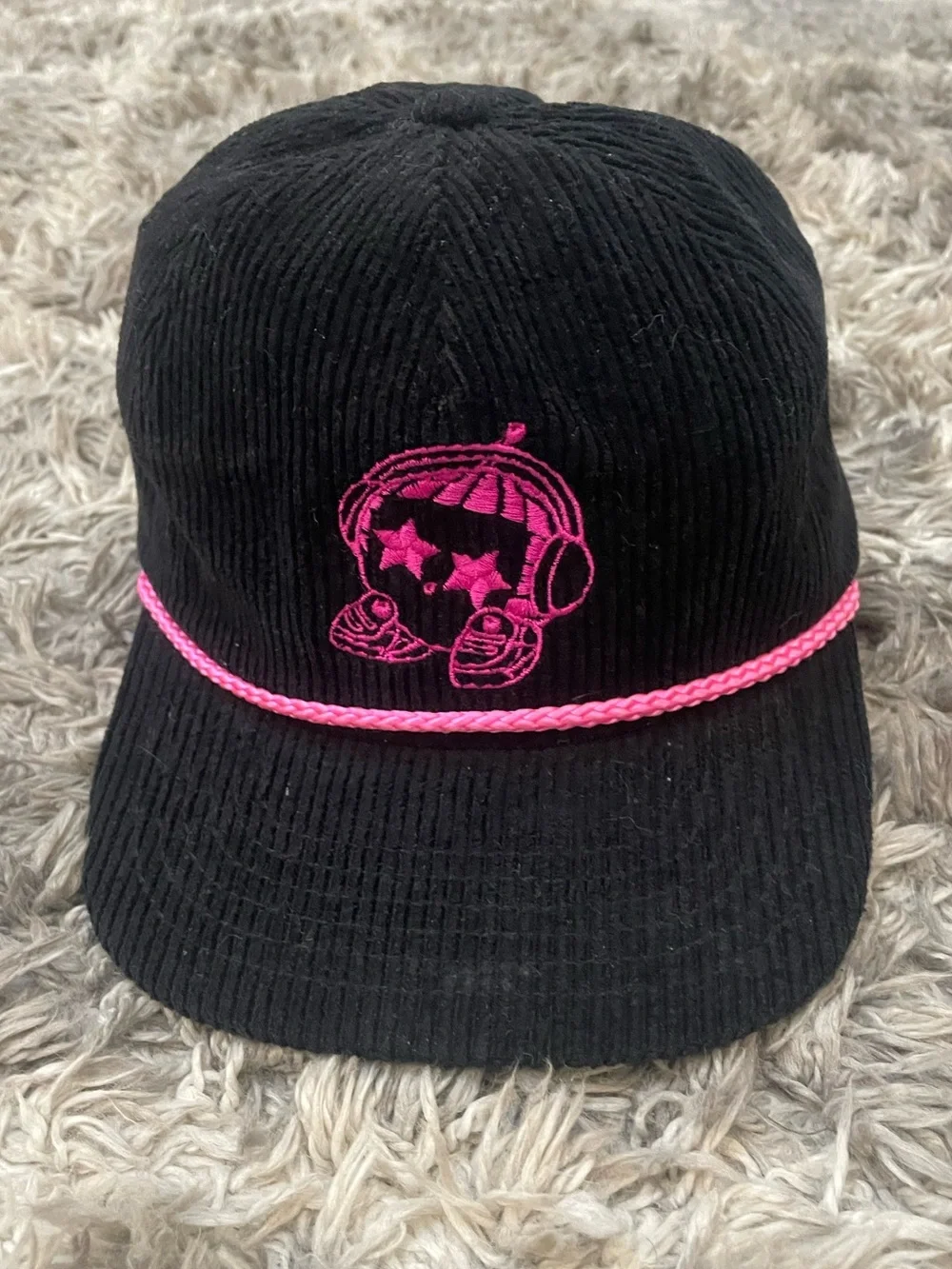 Snag Collective Black Corduroy Pink Rope Hat with Kirby Embroidery